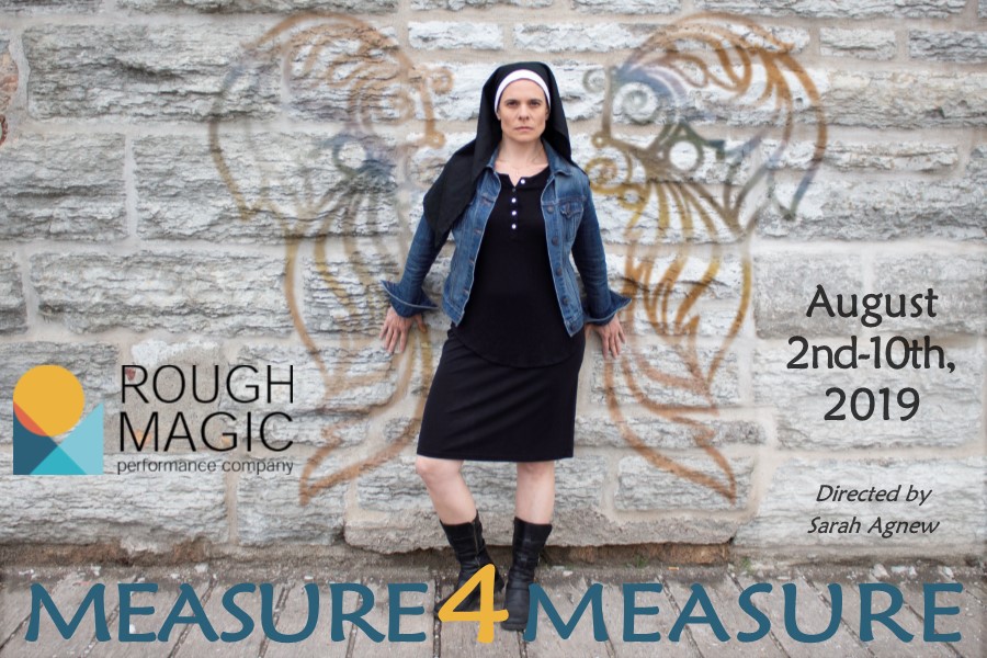 Postcard advertisement for Measure$Measure, a production of Rough Magic Performance Company. Front side, with picture of a nun with graffiti angel wings behind her.