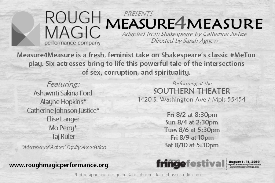 Postcard advertisement for Measure$Measure, a production of Rough Magic Performance Company. Back side with written information.