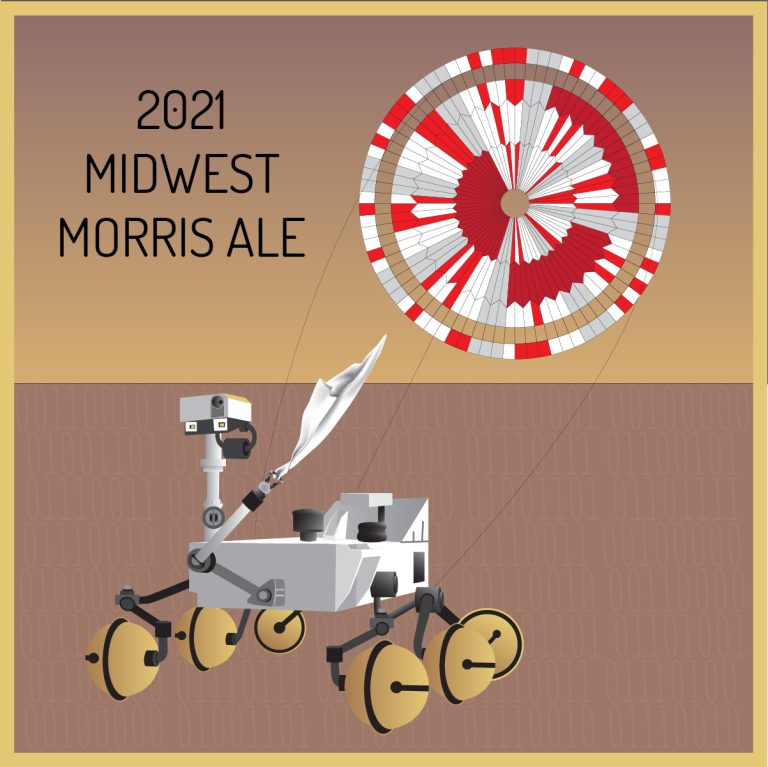A vector drawing of the Perseverance rover on the Martian landscape. Instead of NASA's 'Dare Mighty Things' in binary, it says 'Dance Mighty Things' for the Morris Dancers.