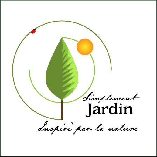 A picture of the logo for Simplement Jardin, or Simply Garden, a company in Brittany, France. The logo shows a picture of a Tree with partial circles connecting it to the the sky and the sun. There is a ladybug climbing one of the circles. Below the logo it says, "Inspiré par la nature", or "inspired by nature".