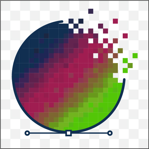 The logo for Kate Johnson Studio, which is a broken vector circle from which pixels are escaping, signifying the making of both raster and vector art. It is colored as a gradient going from green in the lower right, magenta in the middle, to dark blue in the upper left, and is placed on a transparent background.