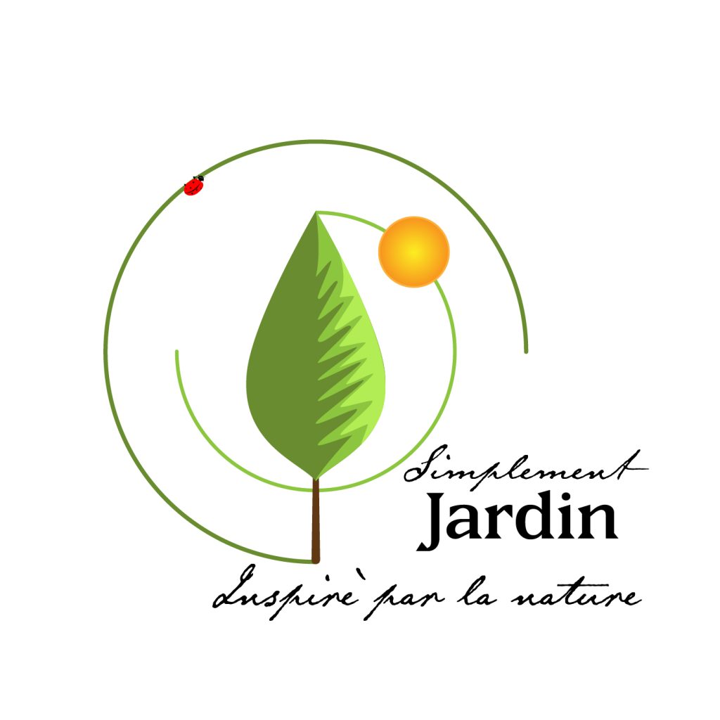 A logo of a tree with a sun and a ladybug. It says 'Simplement Jardin', or in English, Simply Garden. Then it also says 'Inspired by Nature'.