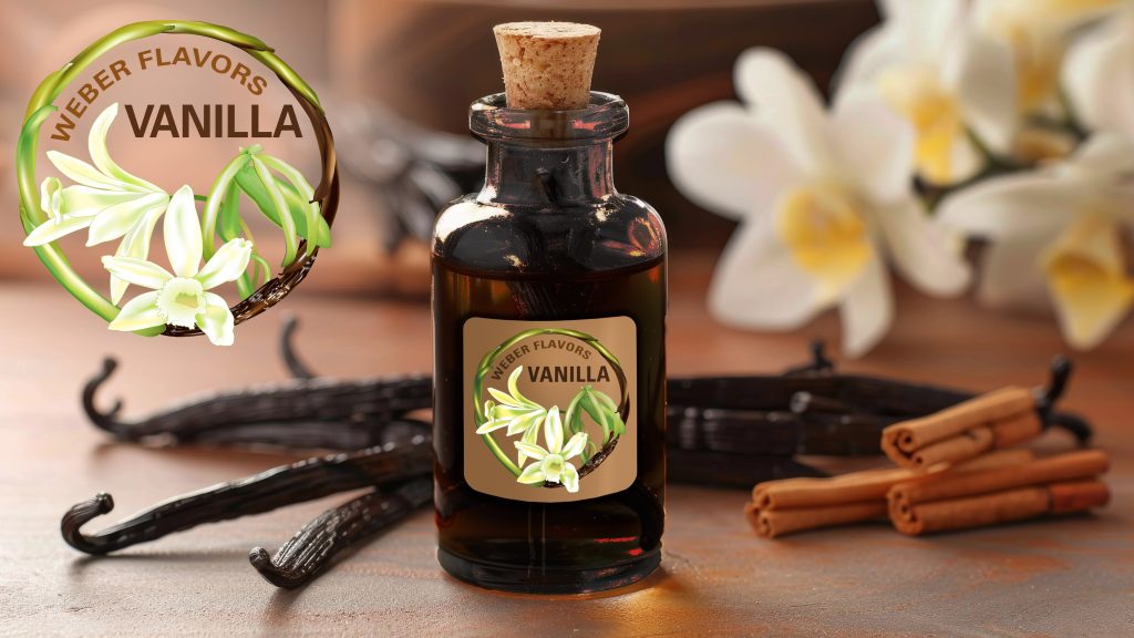 A bottle of vanilla extract with a logo design in the upper left corner. The logo has a vanilla orchid surrounded by a circle of beans at various phases in the drying process.