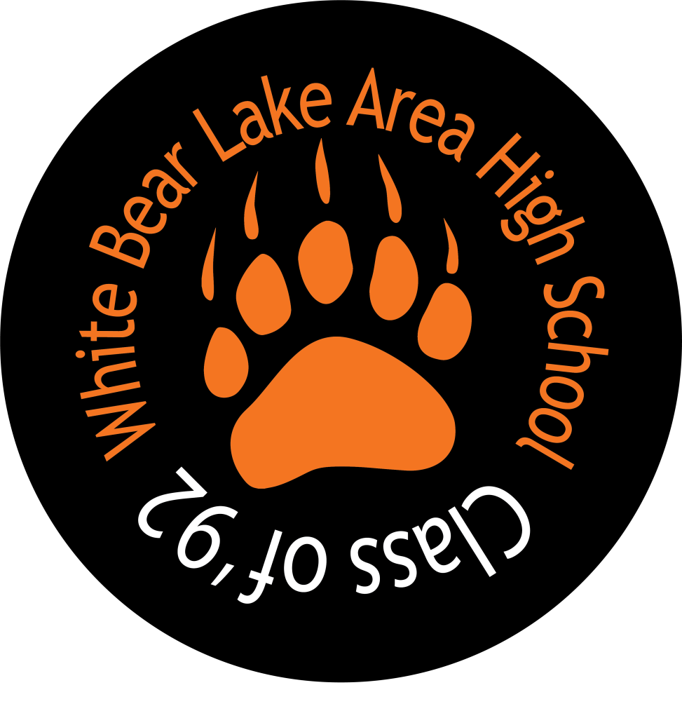 A picture of a circle with the words 'White Bear Lake Area High School, Class of '92' going around the edge and a polar bear paw print in the middle.