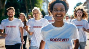 A group of people running in t-shirts that say 'Roosevelt Cross Country'.